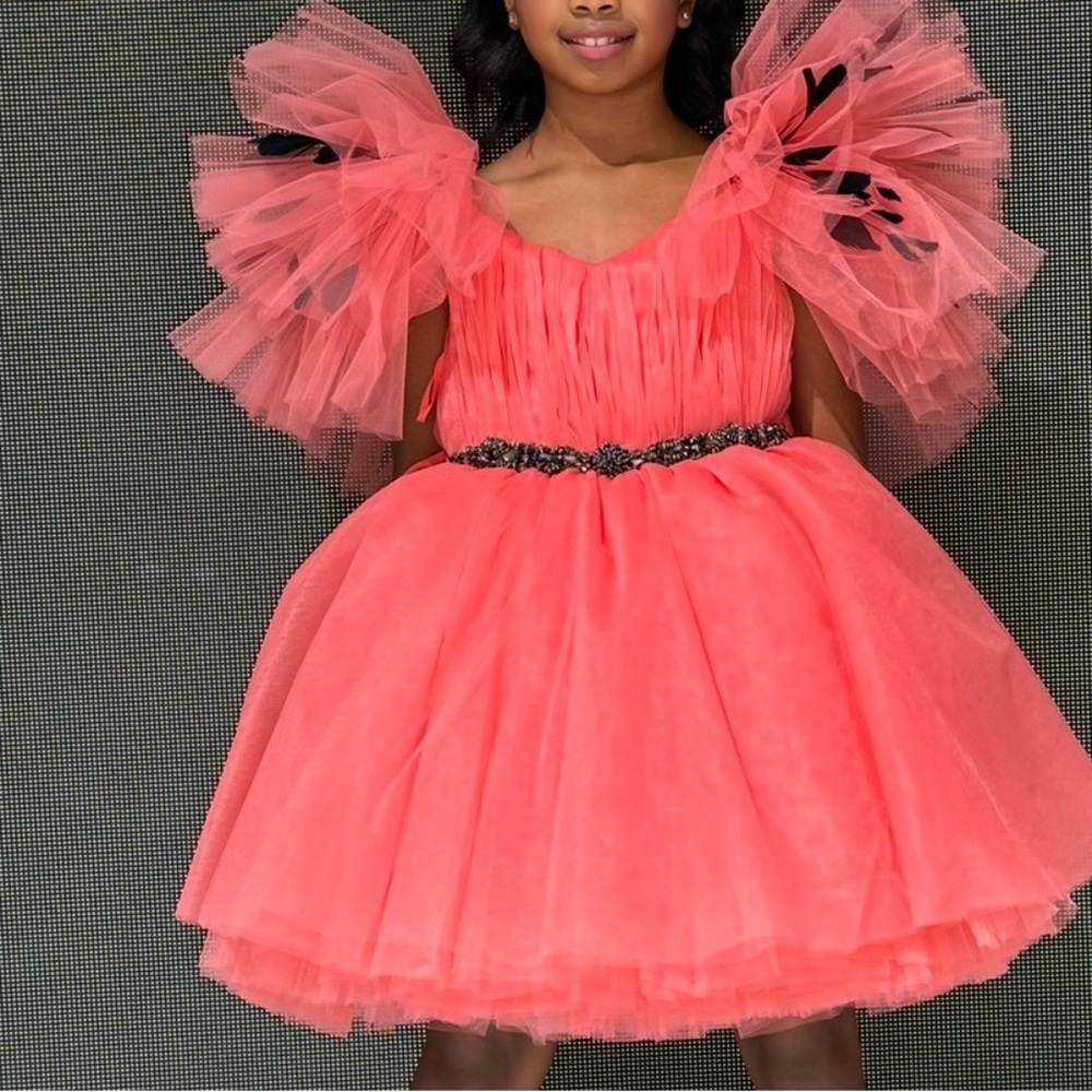 Charming Coral Kids Formal Dress with Tulle Sleeves